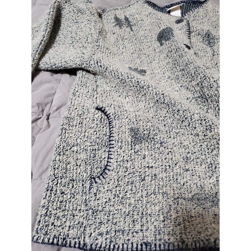Artisans Knit Cardigan Sweater Women Large Blue Gray Folk Art Button Front - Picture 2 of 13